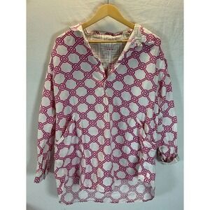 Tizzie Pink/ white linen geometric popover Boho‎ Tunic pockets Sz M Flip Cuffs